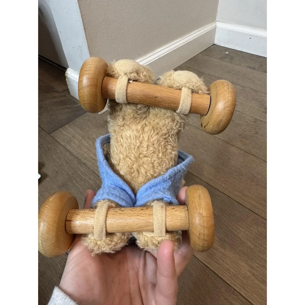 Vintage Eden Peter Rabbit Plush Pull‎ Toy Bunny Wooden Wheels Small Blue Coat